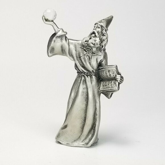 Vintage 80s Hudson Pewter Wizard Holding Crystal Ball 2.25" Tall Merlin Gandalf - Picture 2 of 9